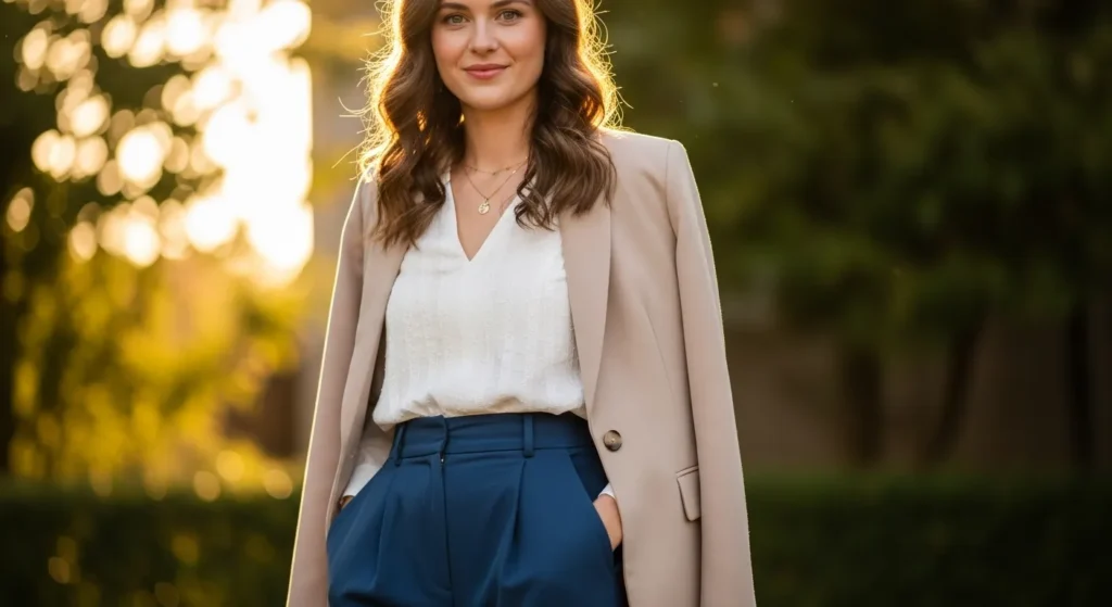 mulher usando coresv verão 2026, com calça azul oceano e blazer bege  com camisa branca