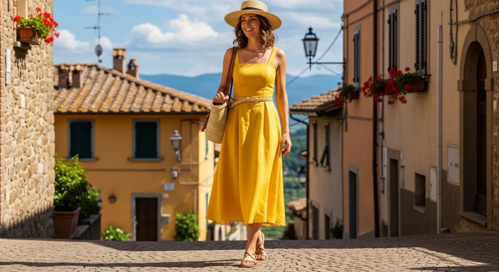 mulher com vestido amarelo solar