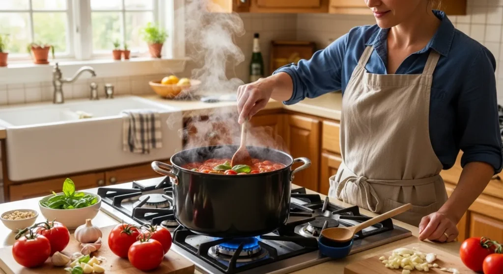 mulher fazendo o molho de tomate caseiro para adicionar as receitas de pizza caseira