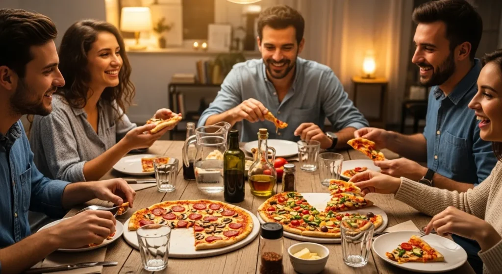 roda de amigos comendo pizza caseira