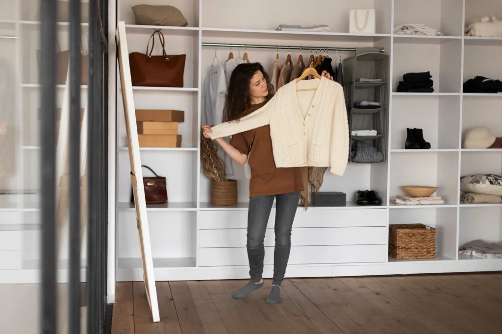 mulher avaliando organização do guarda roupa